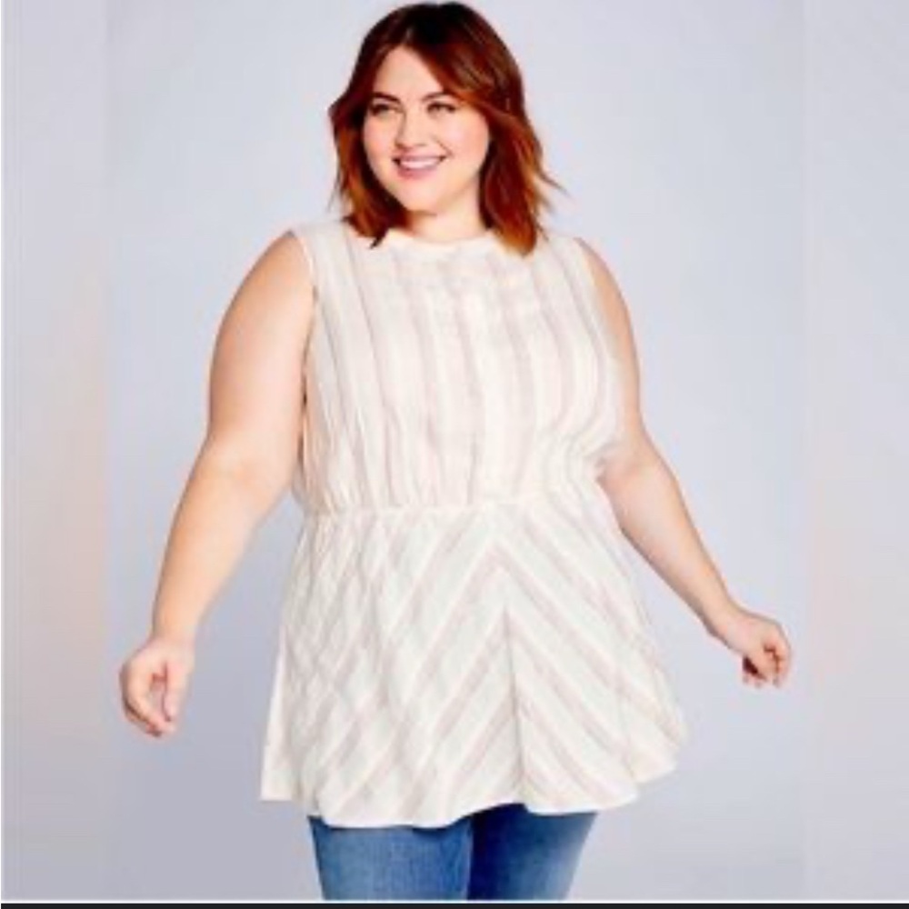 Lane Bryant Pink Metallic Stripe Peplum Tunic Button Front Plus Sz 18 New